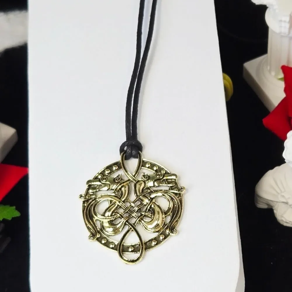 Gold Celtic Twin Wolf Necklace Viking Odin Pendant Rune Knot Adjustable Cord